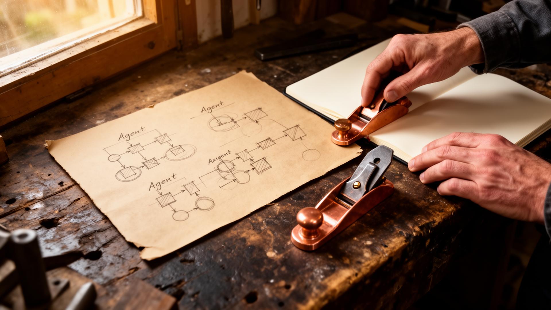 Werkbank-Detail mit handgezeichneten Agent-Diagrammen auf Papier.